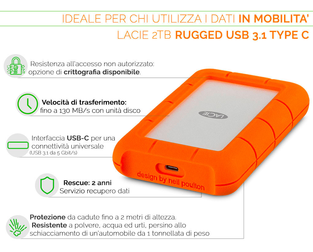 LaCie Rugged USB 3.1 Type C hard disk ideale per chi utilizza ia dati in mobilita